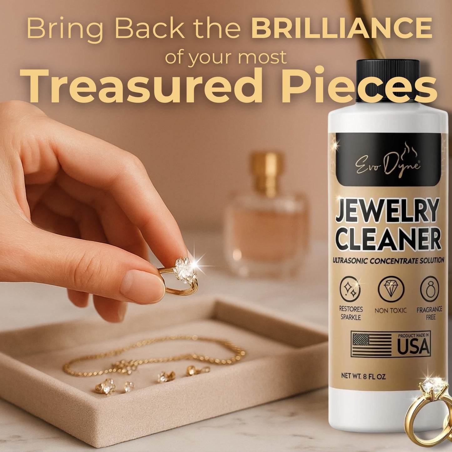 Ultrasonic Jewelry Cleaner Solution (8oz) Concentrated Jewelry Cleaner for Diamonds, Gold, Silver & More | Compatible with Ultrasonic Machine (s) - Made in USA