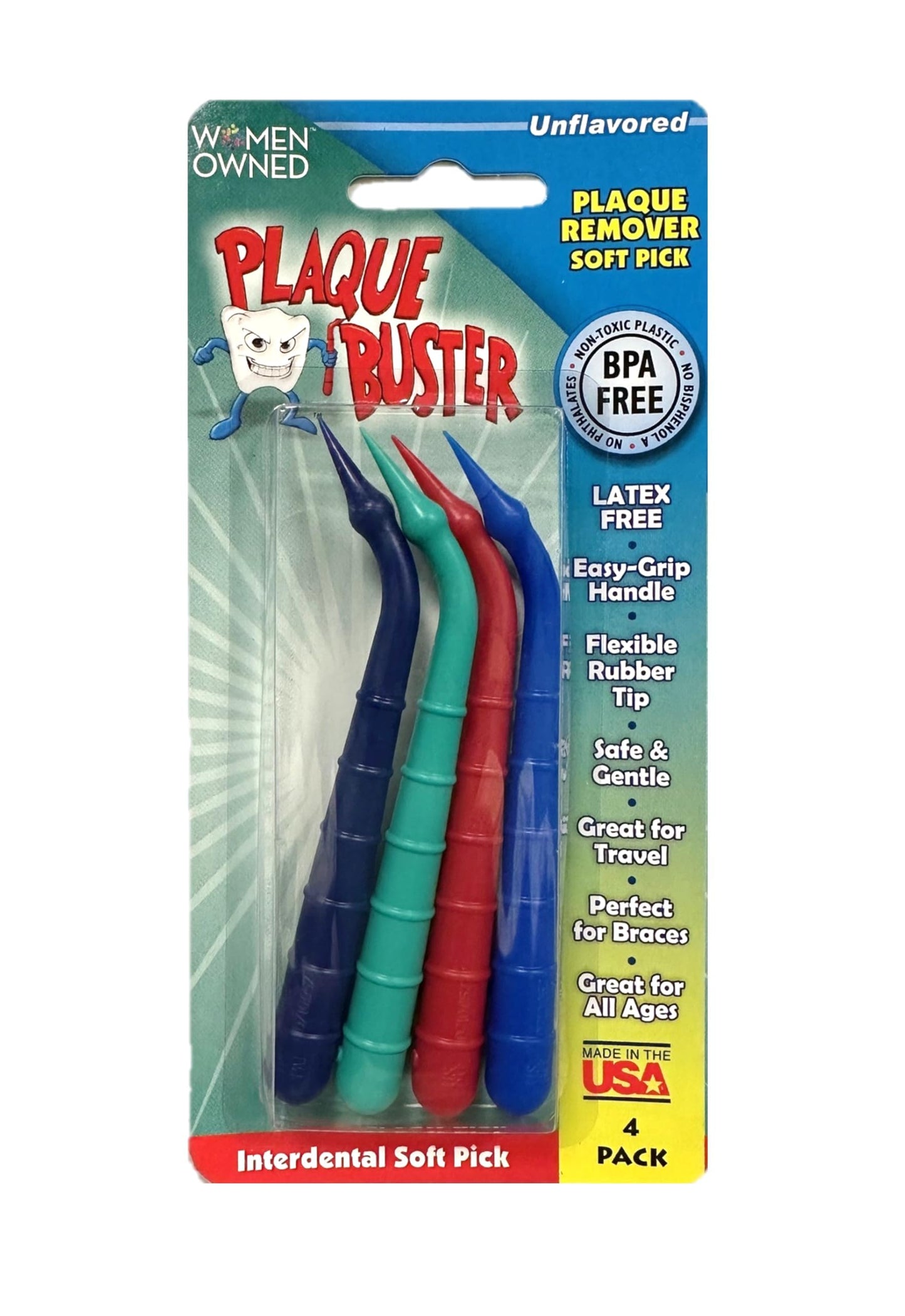 Plaque Buster (Pack of 1) Gum Stimulator & Plaque Remover, Made in USA, Great for Oral Health and Healthy Gums, Multi-Colored (4 Picks per Pack)