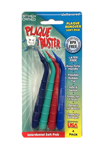 Plaque Buster (Pack of 1) Gum Stimulator & Plaque Remover, Made in USA, Great for Oral Health and Healthy Gums, Multi-Colored (4 Picks per Pack)