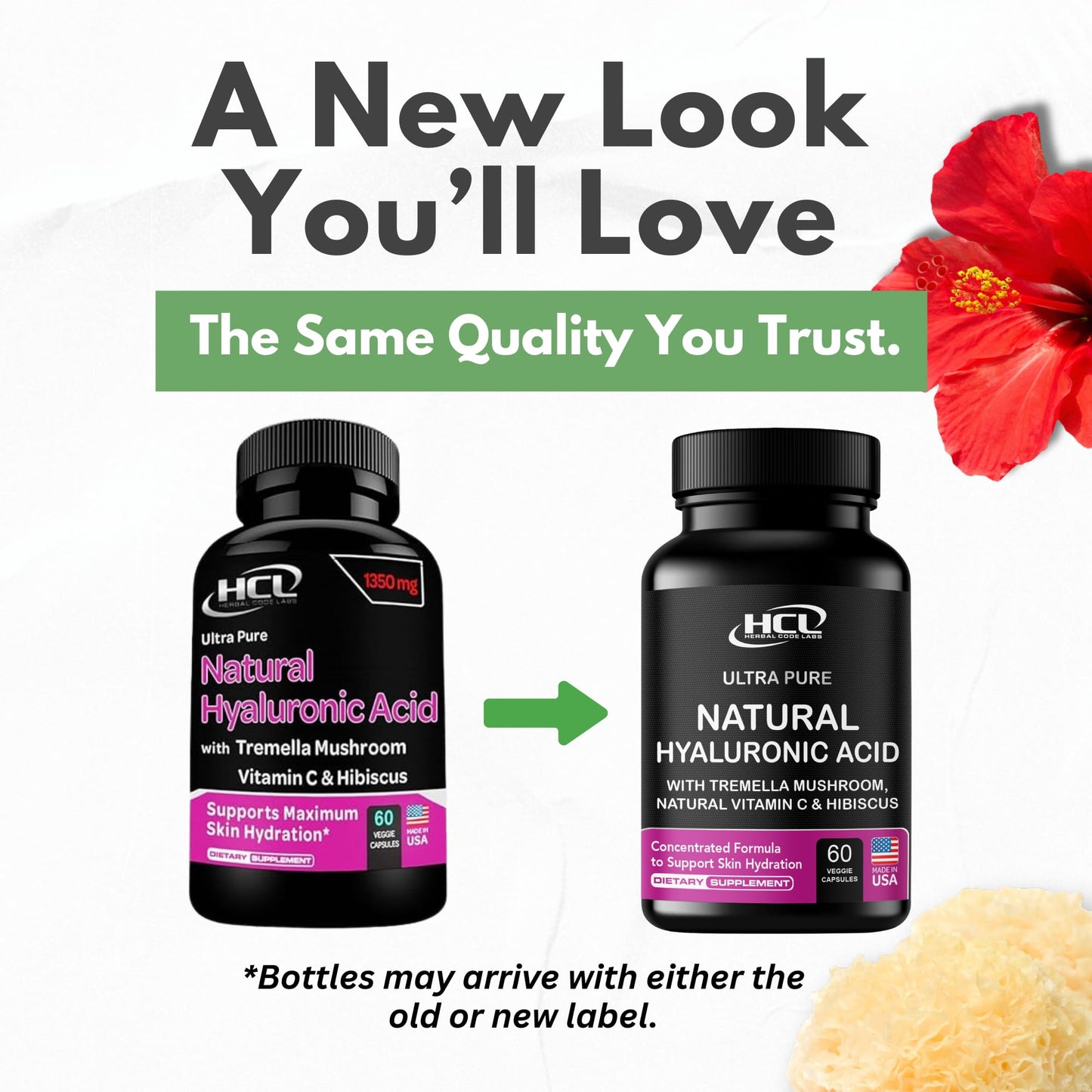 Natural Hyaluronic Acid Supplement 5X Stronger Hydration Pills from Pure Tremella Mushroom with Vitamin C & Hibiscus - Skin Supplement Anti Wrinkle Dietary Capsules - hair nails vitamins