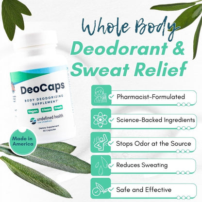 DeoCaps Whole Body Deodorizing Supplement - 100% Natural Internal Deodorant + Sweat Relief - Body Odor Pills Reduce Odor In Underarms, Intimate Areas & Feet - Body Deodorant Capsules - 60 Capsules