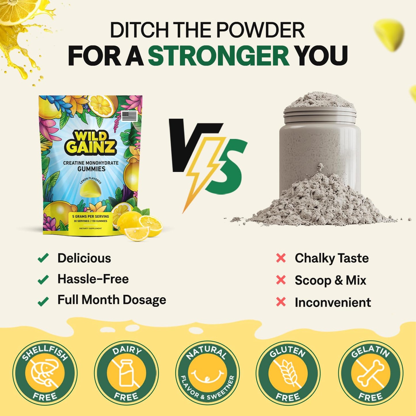 WILD GAINZ Creatine Monohydrate Gummies 5g - Made in USA - Pre Workout Creatine Chews for Women & Men, Vegan Creatine Gummy Candy, Chewable Nutritional Supplements, NSF Certified (Lemon, 150 Count)