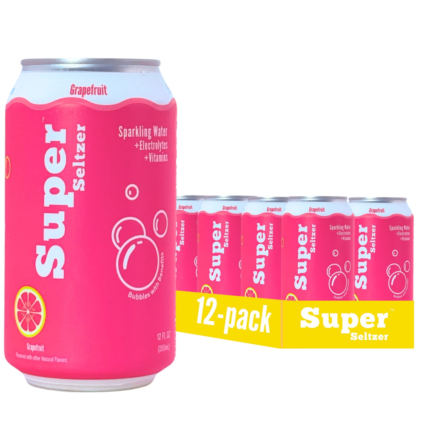Super Seltzer Sparkling Water with Electrolytes and Vitamins, Grapefruit Naturally Flavored, 12 Fl Oz, Pack of 12 cans