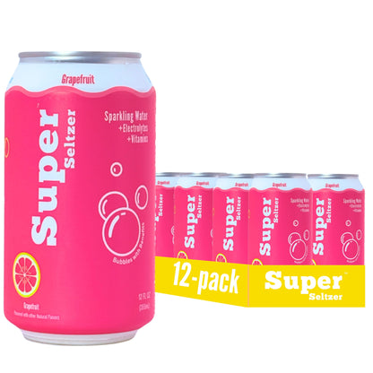 Super Seltzer Sparkling Water with Electrolytes and Vitamins, Grapefruit Naturally Flavored, 12 Fl Oz, Pack of 12 cans