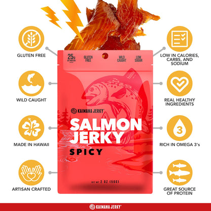Kaimana Jerky Wild Caught Salmon Jerky - Organic Gourmet Dried Fish Strips Rich in Omega-3 & Protein - Low-Calorie Sweet Seafood Snack with No Gluten, Less Sodium & Sugar - Spicy Flavor - 2oz Pack