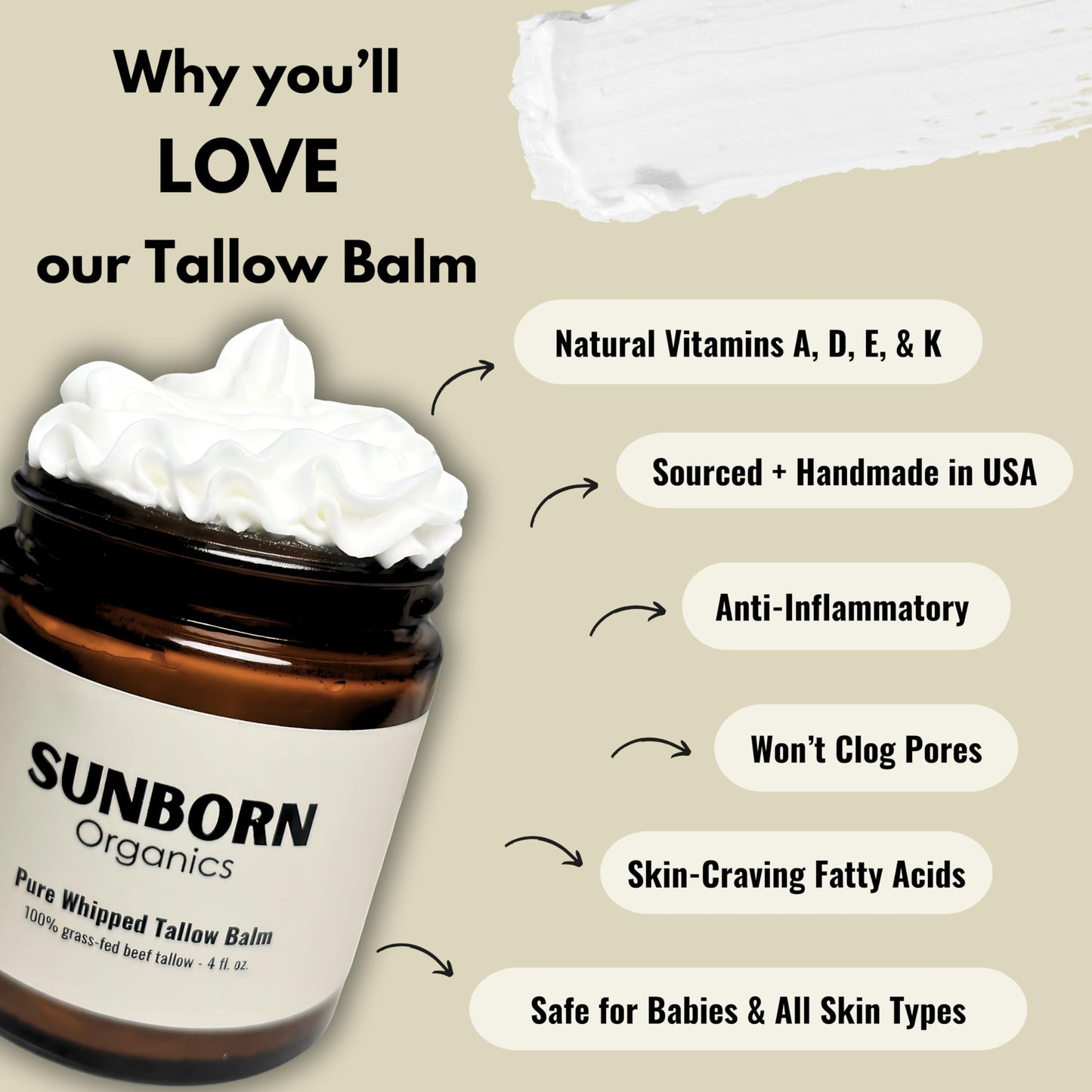 Pure Whipped Tallow Balm | 1 Ingredient | Handmade in USA | 100% Organic Grass-Fed Beef Tallow for Skin | Unscented Beef Tallow Face Moisturizer for Dry Skin, Fragrance-Free, No Essential Oils