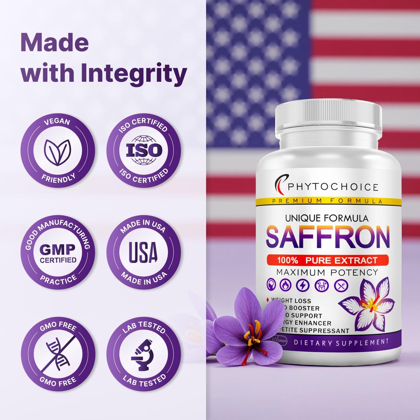 Saffron Supplements - 100% Pure Saffron Extract Capsules - Boost Energy & Mood, Support Eye & Heart Health, Focus, Vision - Pure Saffron Extract 88.5 mg - Made in USA for Women & Men - 60 Capsules