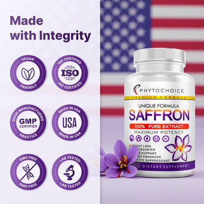 Saffron Supplements - 100% Pure Saffron Extract Capsules - Boost Energy & Mood, Support Eye & Heart Health, Focus, Vision - Pure Saffron Extract 88.5 mg - Made in USA for Women & Men - 60 Capsules