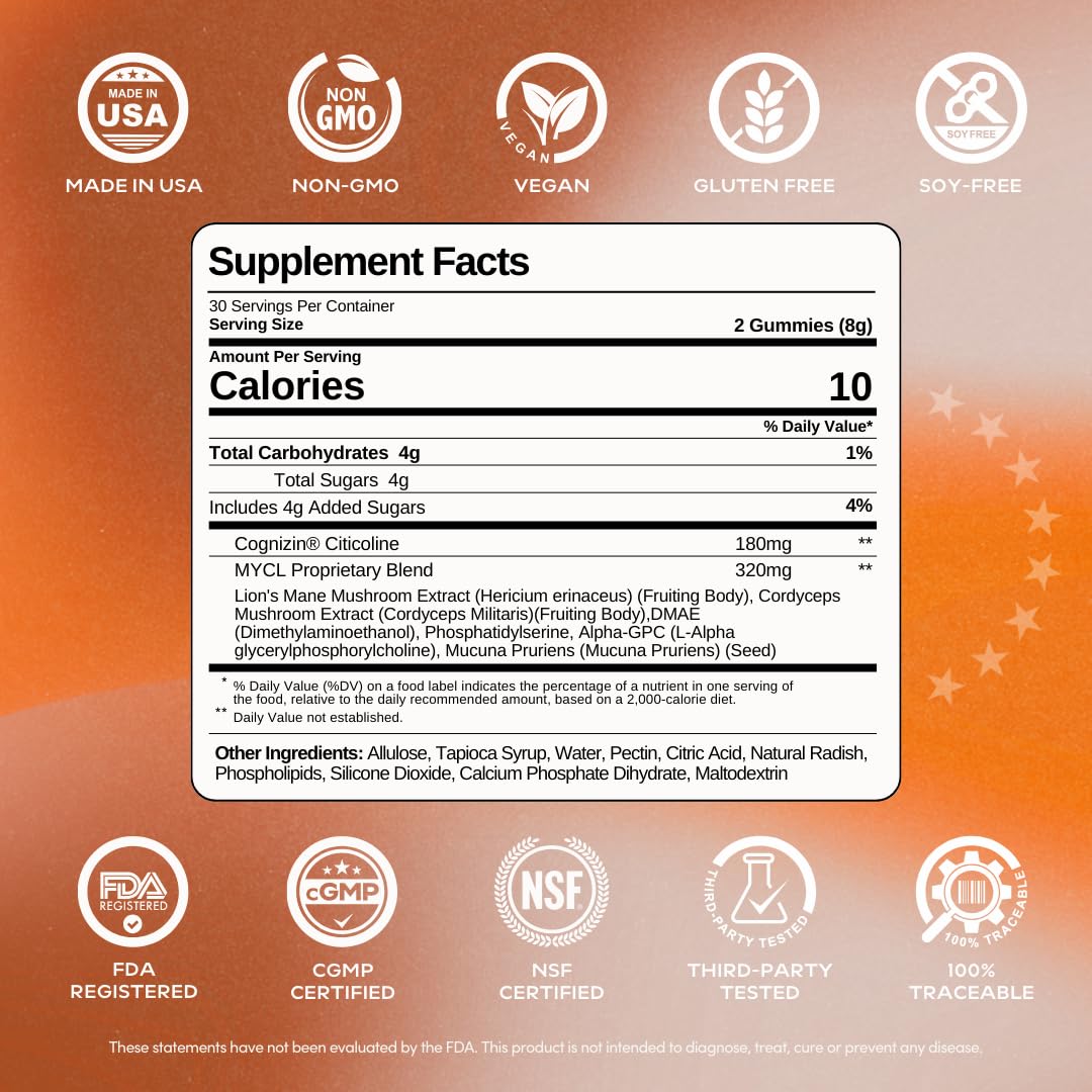 MYCL Limitless Mushroom Gummies | 320mg Lion’s Mane & Cordyceps Fruiting Body + 180mg Cognizin® Citicoline | Focus, Mental Clarity & Energy Support | Vegan, Organic, Gluten-Free | 30 Servings