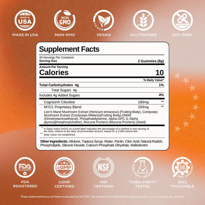 MYCL Limitless Mushroom Gummies | 320mg Lion’s Mane & Cordyceps Fruiting Body + 180mg Cognizin® Citicoline | Focus, Mental Clarity & Energy Support | Vegan, Organic, Gluten-Free | 30 Servings