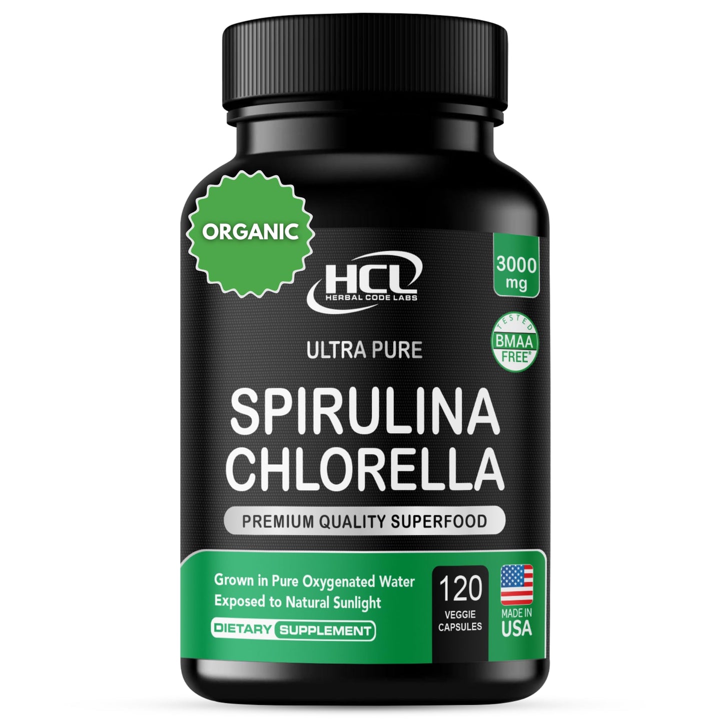 Chlorella Spirulina Powder Capsules Organic 3000 mg of BMAA Free Purest Blue Green Algae - Best Natural Detox Raw Vegan Vitamins Protein Green Superfood - Made in USA