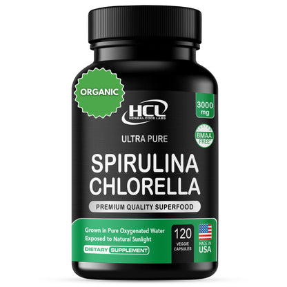 Chlorella Spirulina Powder Capsules Organic 3000 mg of BMAA Free Purest Blue Green Algae - Best Natural Detox Raw Vegan Vitamins Protein Green Superfood - Made in USA