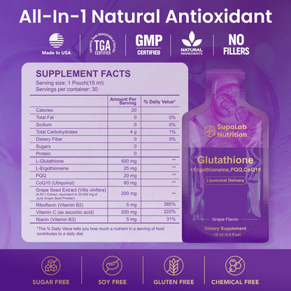 MEGNETA Liposomal Glutathione Supplement – 500mg Glutathione with PQQ, CoQ10 & Vitamin C – High Absorption Antioxidant for Immune & Energy Support – Grape Flavor, 30 Pouch