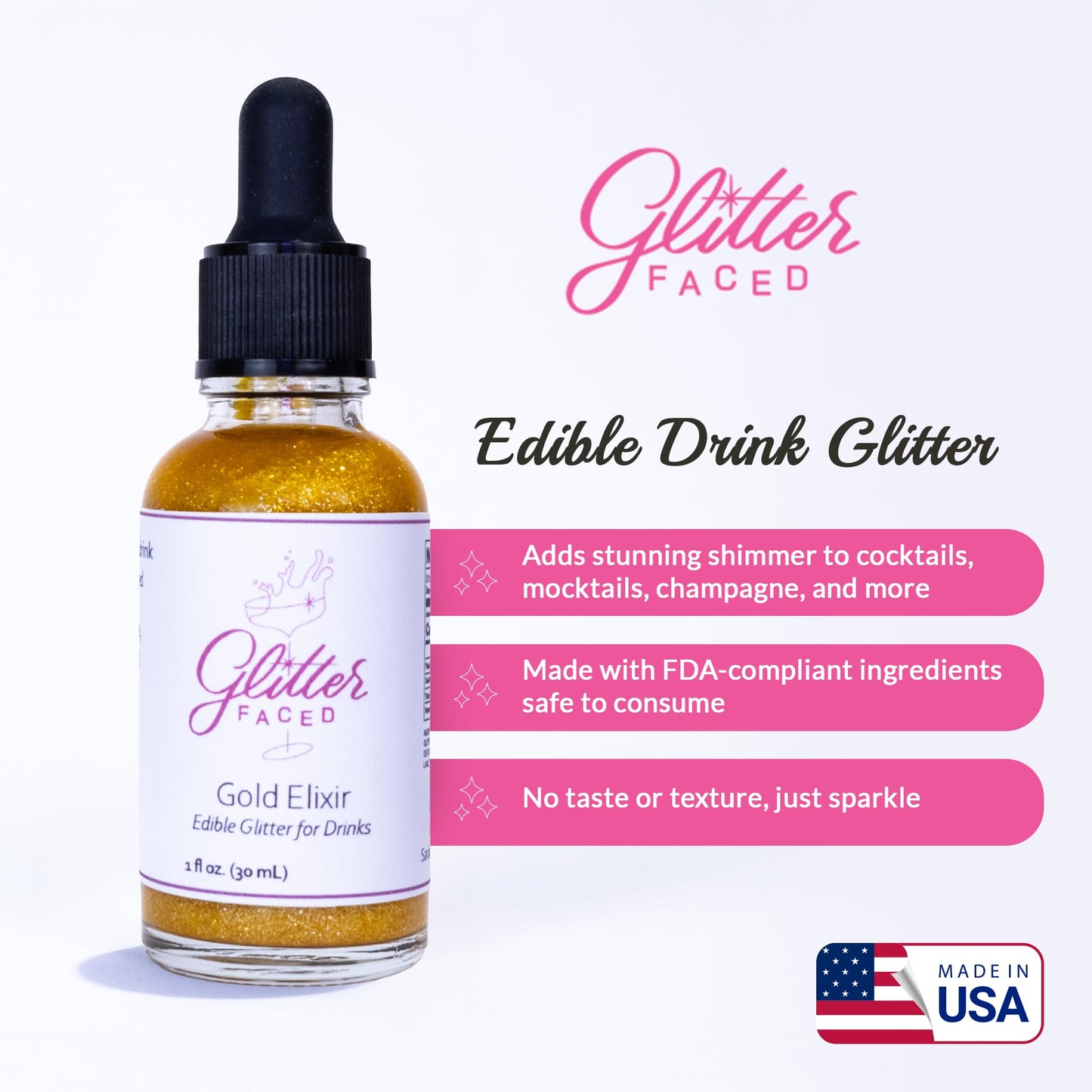 Glitter Faced Gold Edible Glitter For Drinks With 0-Calories, No Taste or Texture | 30ml Food-Grade, 30 Drinks, Luster Dust | Ideal for Beverages, Galentine’s, Parties & Events | Made in USA
