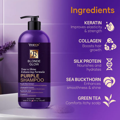 VANIDOX Sulfate Free Brass Toning Purple Shampoo for Blondes, Brown Highlighted, or Bleached Hair, Infused with Purple Rice Extract, Hyaluronic Acid, Vitamin E, and Chamomile Extract (16 fl oz)