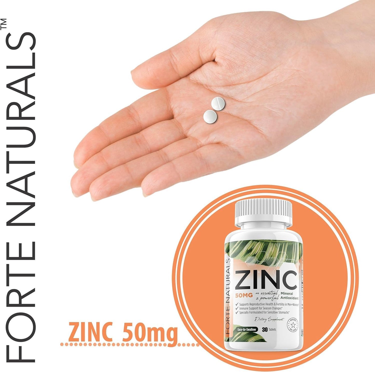 FORTE NATURALS Zinc 50mg, (30 Tablets), Specially Formulated for Sensitive Stomach, Immune Support, Skin & Hair, Vegan Zinc Supplement, Non-GMO Made in USA