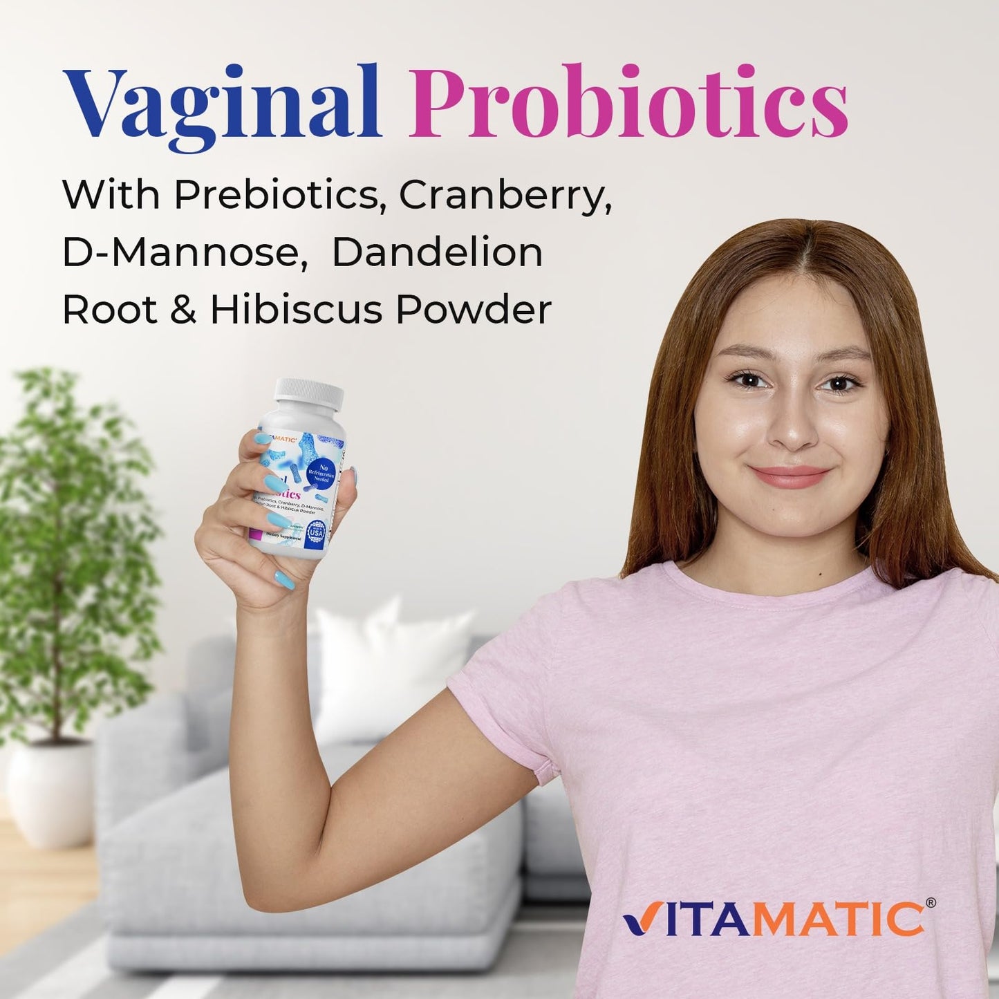 Vitamatic Vaginal Probiotics 20 Billions for Women pH Balance & Odor Control with Prebiotics & Probiotics 60 DR Capsules - Made with Cranberry, D-Mannose, Hibisucs & Dandelion