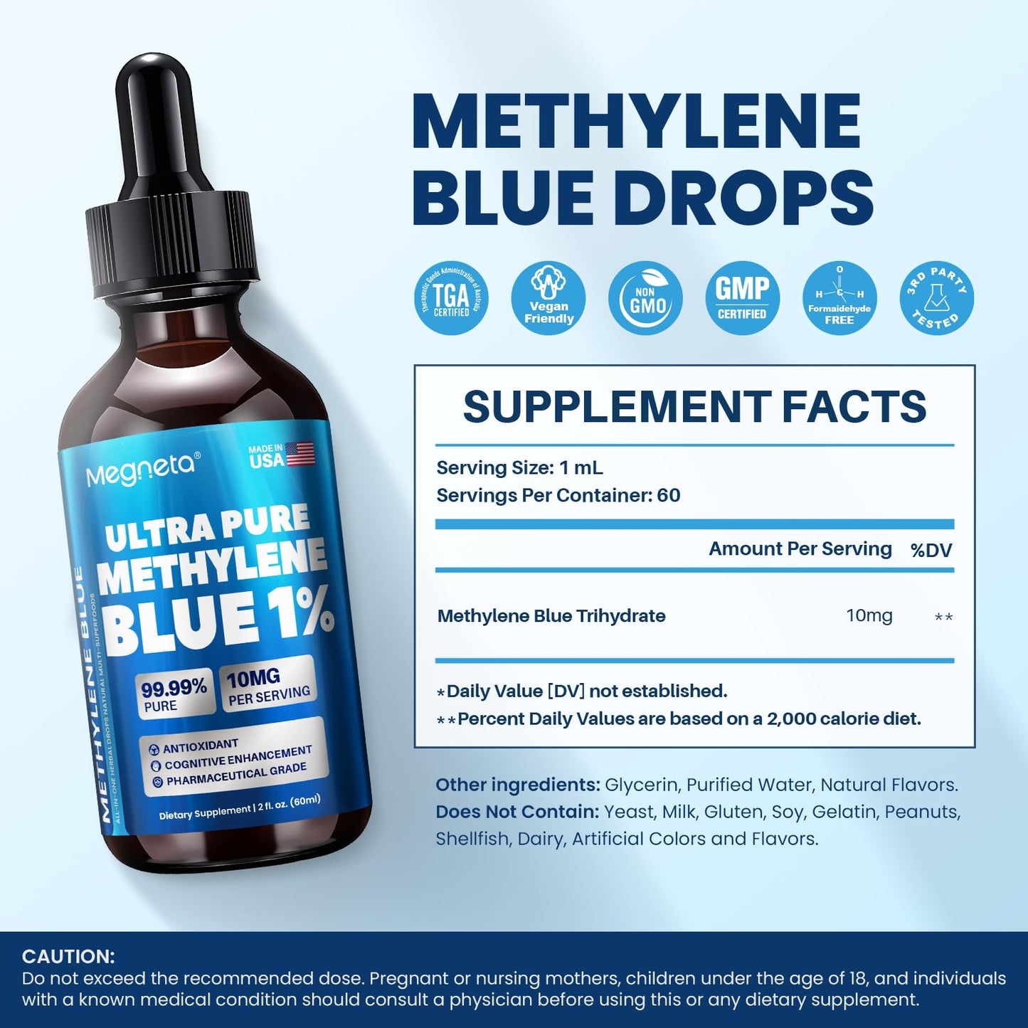 Methylene Blue Drops 1% USP, Pharmaceutical Grade Supplement for Brain & Cellular Health, No Formaldehyde, Made in USA, 2 Fl Oz
