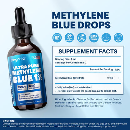 Methylene Blue Drops 1% USP, Pharmaceutical Grade Supplement for Brain & Cellular Health, No Formaldehyde, Made in USA, 2 Fl Oz