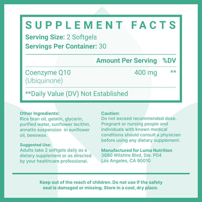 Luma Nutrition CoQ10 400mg Softgels - High-Absorption Coenzyme Q10 - Co Q-10 200mg / 400mg Per Serving - Heart Health - 60 Liquid Softgels
