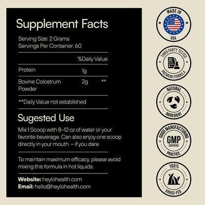 Heylo Premium Colostrum Powder – 100% Pure, Grass-Fed Bovine 40% IgG Supplement, Natural Gut Health Bloating Immunity Skin & Hair, Muscle Recovery, Rich in Immunoglobulins, 60 Servings