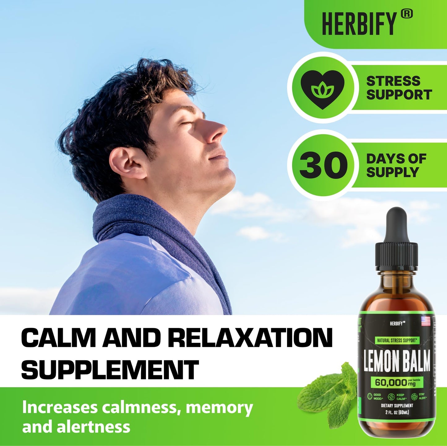 HERBIFY Lemon Balm Tincture - Melissa Officinalis Leaf Liquid Extract - Brain Support and Mood Boost - Lemon Balm Drops for Immune & Cognitive Support - 2 Fl oz