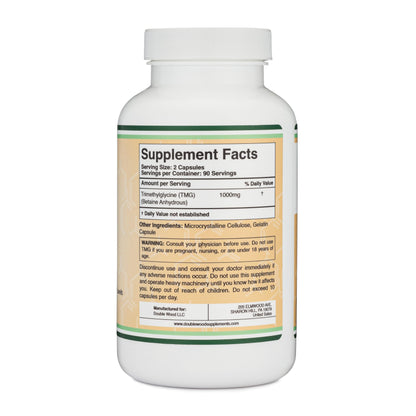Double Wood Supplements TMG Trimethylglycine Supplement 1,000mg Per Serving, 180 Capsules (TMG Supplements for Homocysteine Control) Genuine TMG with Fishy Smell, Gluten Free, Non-GMO