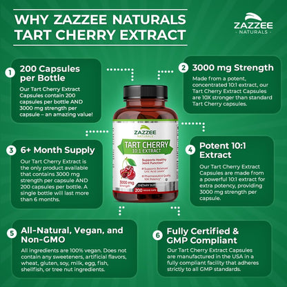 Zazzee Tart Cherry 10:1 Extract, 3000 mg Strength, 200 Vegan Capsules, 6+ Month Supply, Certified Kosher, Concentrated and Standardized 10X Extract, 100% Vegetarian, All-Natural, Gluten Free, Non-GMO