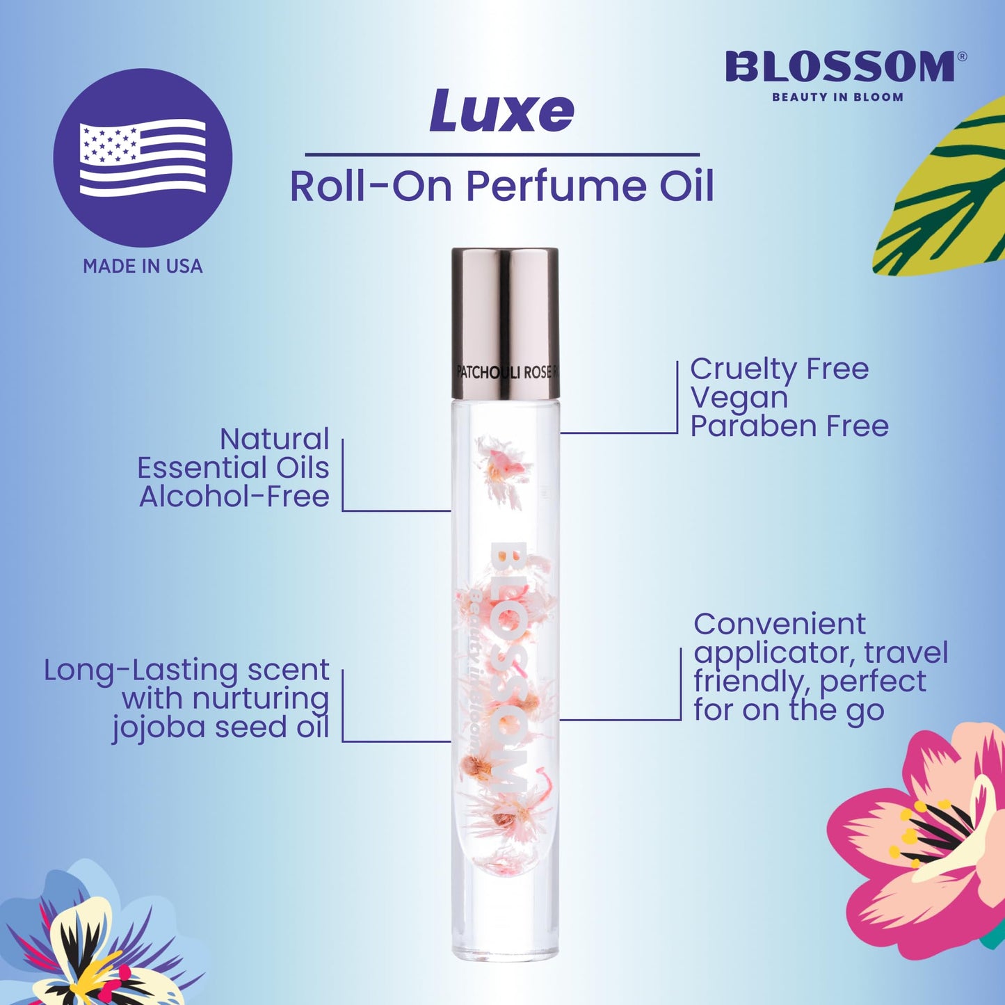 Blossom Roll on Perfume for Women Alcohol Free Rollerball Perfume Oil with Essential Oils, Infused with Real Flowers, Made in USA, 0.20oz, Patchouli Rose