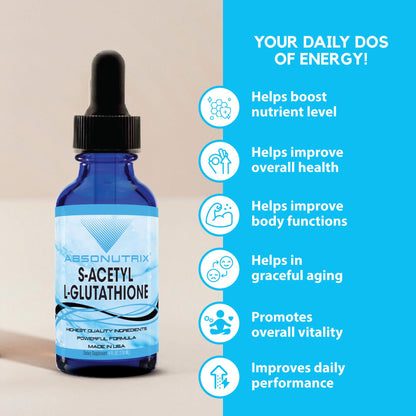Absonutrix S-Acetyl L-Glutathione 100 mg per Serving 4 oz Liquid 200 Servings, Helps Detoxify Body, Boosts General Health, Helps Boost Energy Level, Quick Absorption, Gluten-Free, Made in USA,