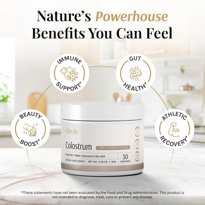 Elavite Bovine Colostrum Powder (Unflavored) Grass Fed Colostrum Supplement for Gut Health, Immune Support Healthy Hair, Skin & Nails - 30 Servings