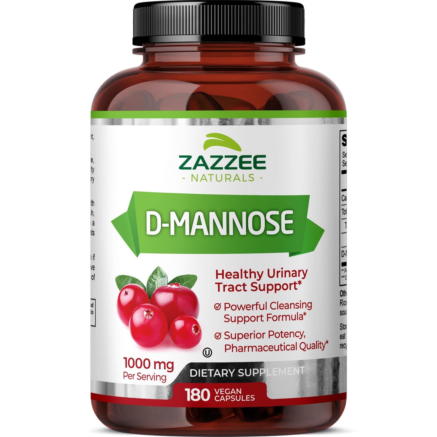 Zazzee D-Mannose, 1000 mg per Serving, 180 Vegan Capsules, 3 Month Supply, Potent & Fast-Acting, Certified Kosher, 100% Pure, All-Natural Urinary Tract Health UTI Support, 100% Vegetarian, Non-GMO