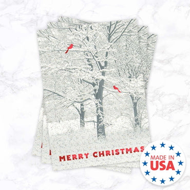 Masterpiece Snowy Trees And Cardinals Christmas Cards / 15 Winter Holiday Cards Set With Glitter And Red Foil With White Envelopes / 5 5/8" x 7 7/8" Sparkling Snow Greeting Cards With Inside Verse