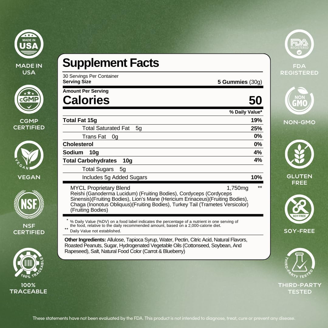 MYCL Youth Daily Vitamin Mushroom Gummies | 500mg Fruiting Body Mushrooms – Cordyceps, Reishi, Lion’s Mane, Turkey Tail & Chaga | Immune & Focus Support | PB & Jam Flavor, 30 Servings (5-Gummy Packs)