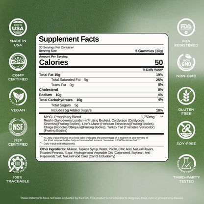 MYCL Youth Daily Vitamin Mushroom Gummies | 500mg Fruiting Body Mushrooms – Cordyceps, Reishi, Lion’s Mane, Turkey Tail & Chaga | Immune & Focus Support | PB & Jam Flavor, 30 Servings (5-Gummy Packs)