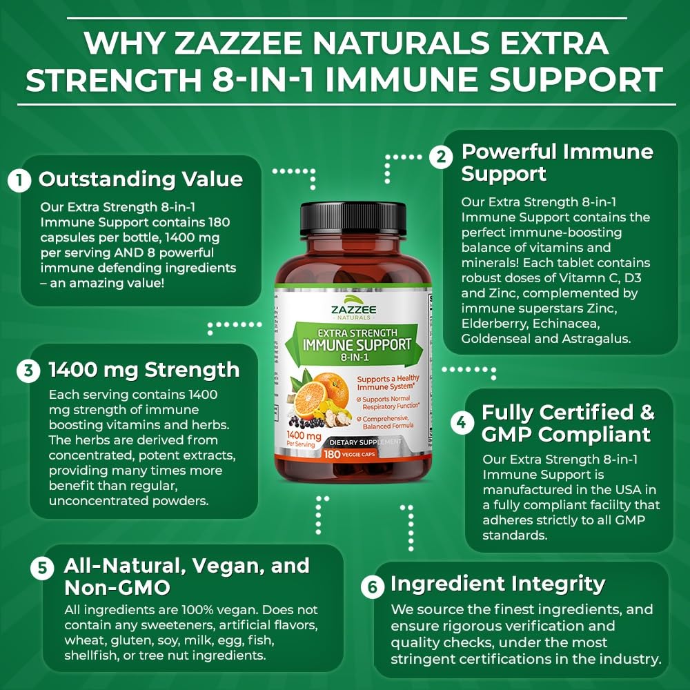 Zazzee Extra Strength 8-in-1 Immune Support, 1400 mg per Capsule, 180 Vegan Capsules, 1000 mg Vitamin C, 1000 IU D3, Zinc, Elderberry, Echinacea, Goldenseal, Turmeric, Astragalus, Made in The USA