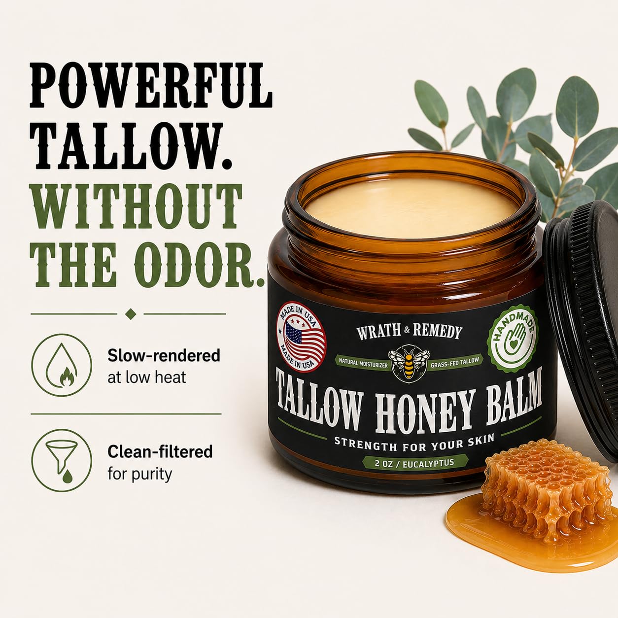 Organic Beef Tallow for Skin - 2OZ (Eucalyptus, Concentrated) — US-Made Grass Fed Tallow and Honey Balm Moisturizer for Face, Hands & Body — Intensive Care for Dry Sensitive Skin, Eczema(No Additives)