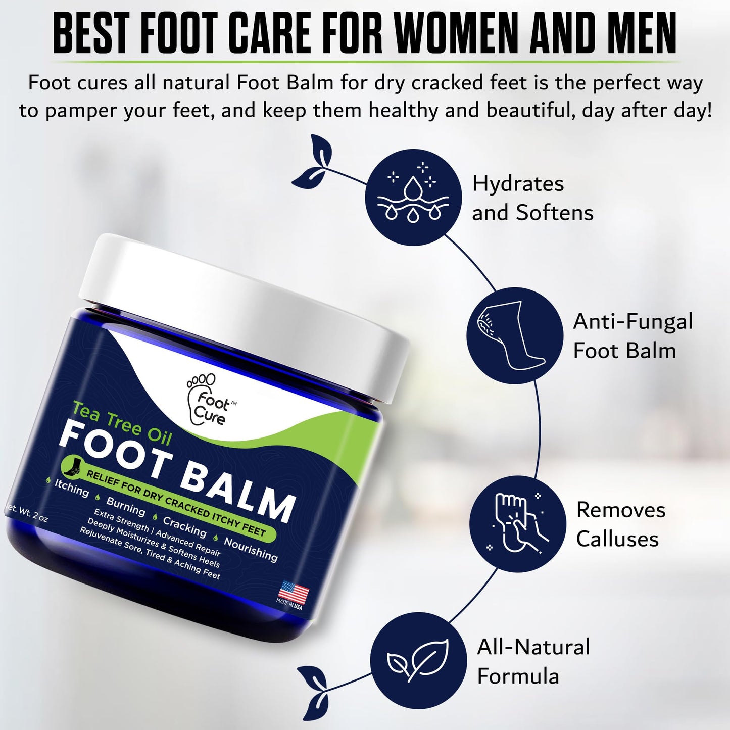 Tea Tree Oil Balm – Moisturizer for Dry Cracked Feet – Instantly Hydrates & Soothes Irritated Skin & Athlete's Foot – Best Care for Women and Men – Made in USA