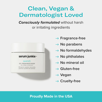 serum junkie QUENCH Lightweight Gel Cream Moisturizer with Glycerin, Niacinamide, Squalane, Green Tea, Cucumber, Calendula, Hydrating Barrier Support for Sensitive Skin, 1.7 fl oz