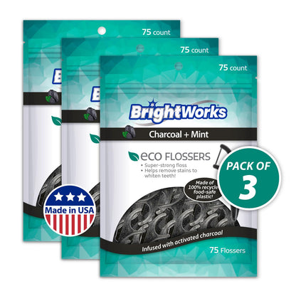 Brightworks ECO Sustainable Floss Picks - 225 Count - PTFE & PFAS Free - Made in USA Charcoal + Mint Infused 100% Post-Consumer Recycled Plastic with Micro-Crystals for Oral Care Hygiene Gum Health