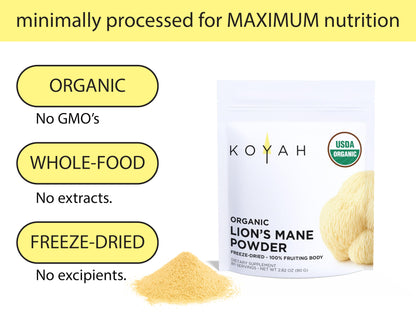 KOYAH - Organic USA Lion's Mane Mushroom Powder - 80 Servings - 100% Fruiting Body, Freeze-Dried, 3rd Party Tested for Beta-Glucans, Non-GMO, Vegan. Brain & Nerve Support. Immune Support.