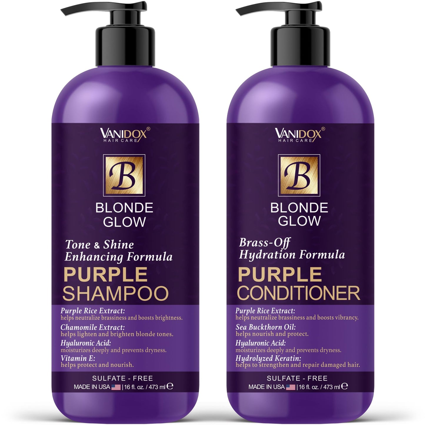 VANIDOX Sulfate Free Brass Toning Purple Shampoo and Conditioner Set for Blondes, Brown Highlighted, or Bleached Hair, Infused with Purple Rice Extract (16 fl oz each)