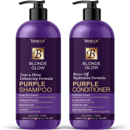 VANIDOX Sulfate Free Brass Toning Purple Shampoo and Conditioner Set for Blondes, Brown Highlighted, or Bleached Hair, Infused with Purple Rice Extract (16 fl oz each)
