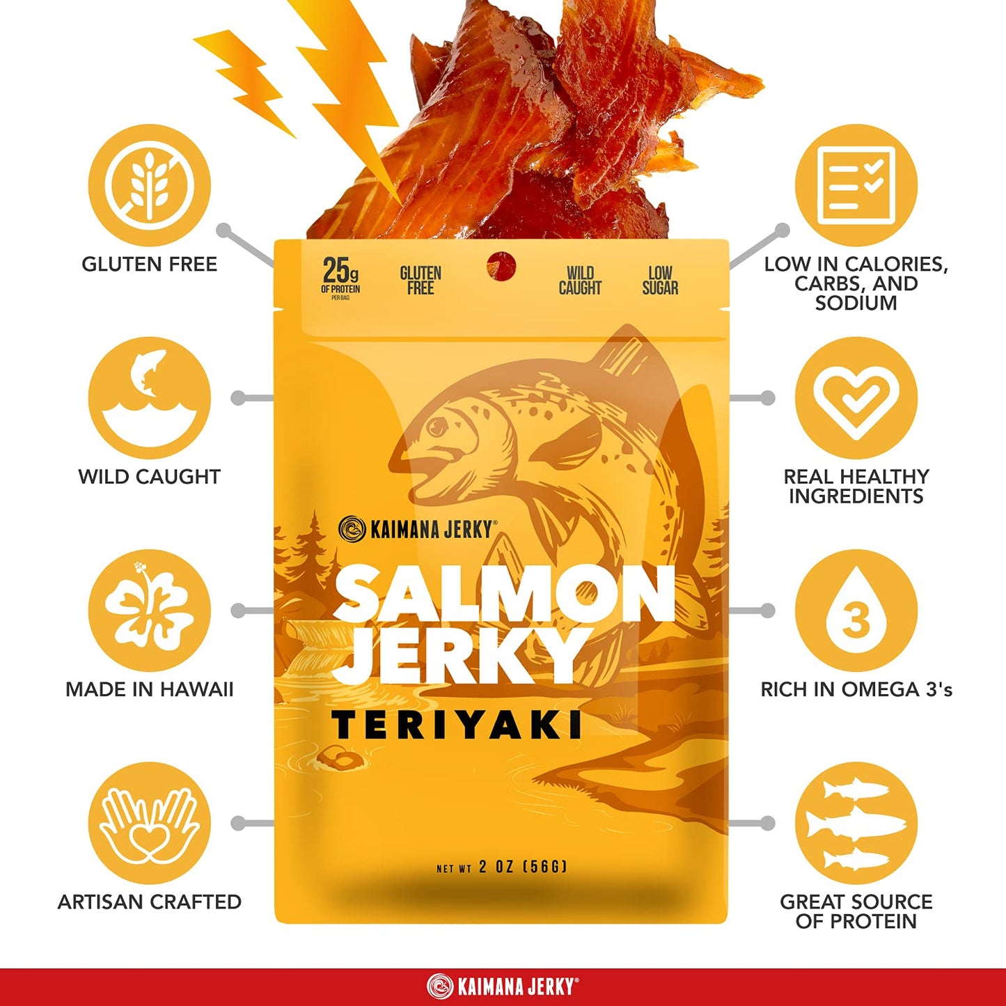 Kaimana Jerky Wild Caught Salmon Jerky - Organic Sweet & Savory Dried Fish Strips Rich in Omega-3 & Protein - Low-Calorie Seafood Snack with No Gluten, Less Sodium & Sugar - Teriyaki Flavor - 2oz Pack
