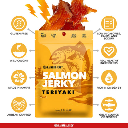 Kaimana Jerky Wild Caught Salmon Jerky - Organic Sweet & Savory Dried Fish Strips Rich in Omega-3 & Protein - Low-Calorie Seafood Snack with No Gluten, Less Sodium & Sugar - Teriyaki Flavor - 2oz Pack