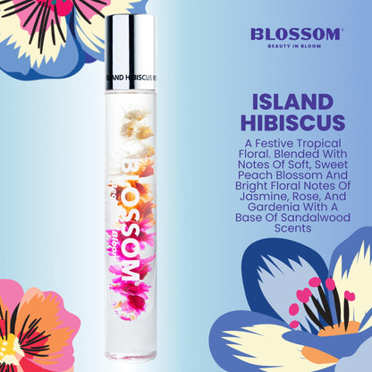Blossom Roll on Perfume for Women Alcohol Free Rollerball Perfume Oil with Essential Oils, Infused with Real Flowers, Made in USA, 0.20oz (Peach, Jasmine, Rose, Gardenia, Sandalwood), Island Hibiscus