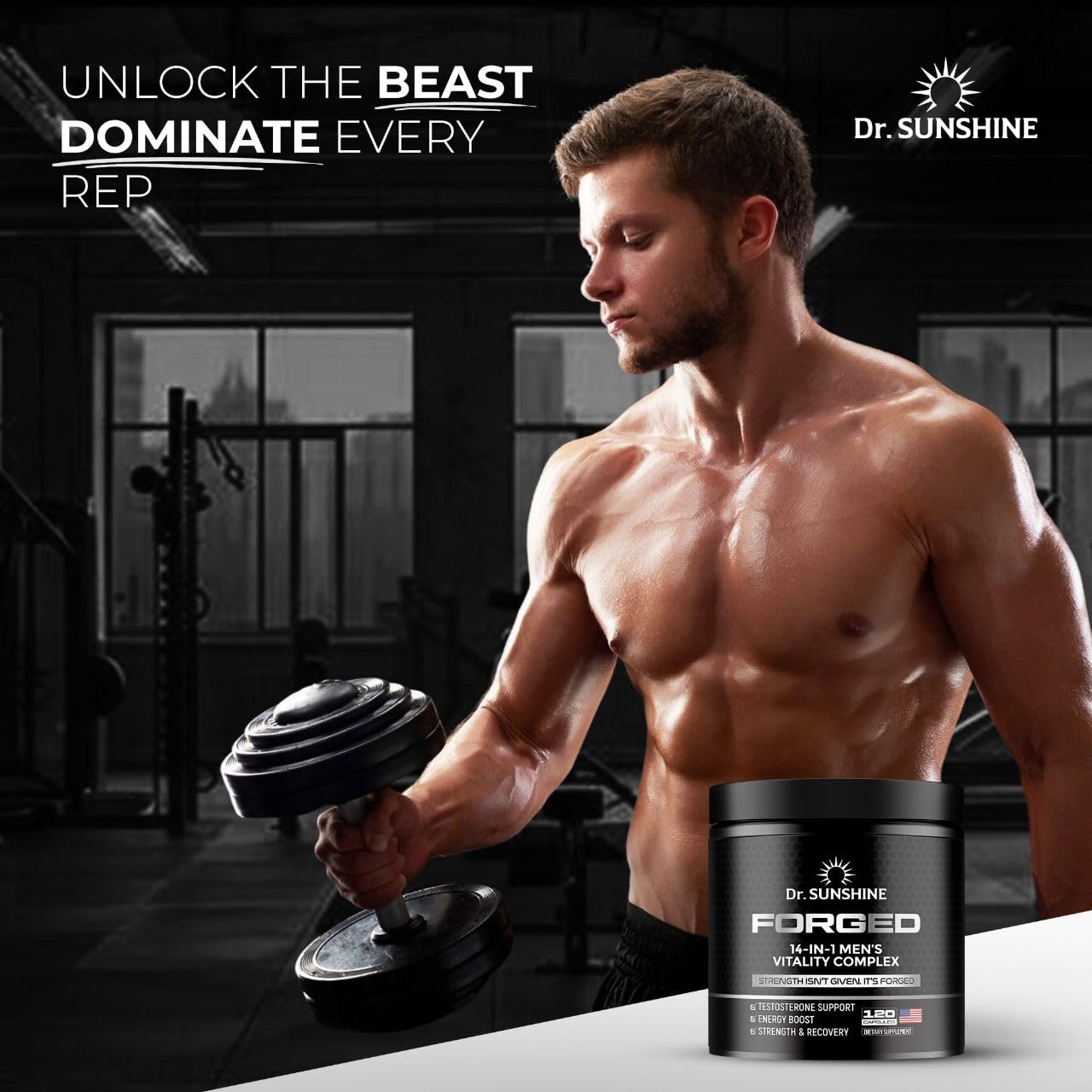 DR. SUNSHINE Forged 14 in 1 Shilajit for Men, Natural Energy, Men's Vitality Complex, Strength & Endurance Support with Fenugreek, Ashwagandha, Tongkat Ali, & More - 2 Month (120 Capsules)