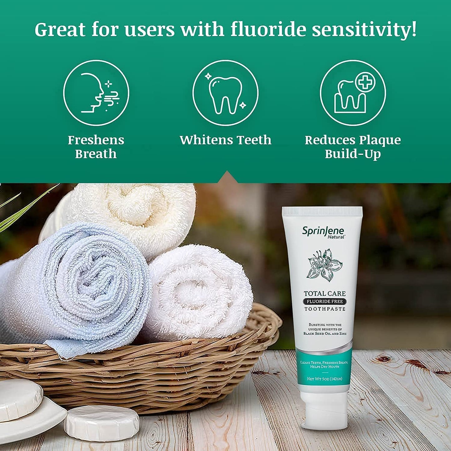 SprinJene Natural Total Care Fluoride Free Toothpaste – Patented Formula with Black Seed Oil & Zinc – Dry Mouth Toothpaste for Fresh Breath & Strong Teeth – Made in The USA (1 Pack)