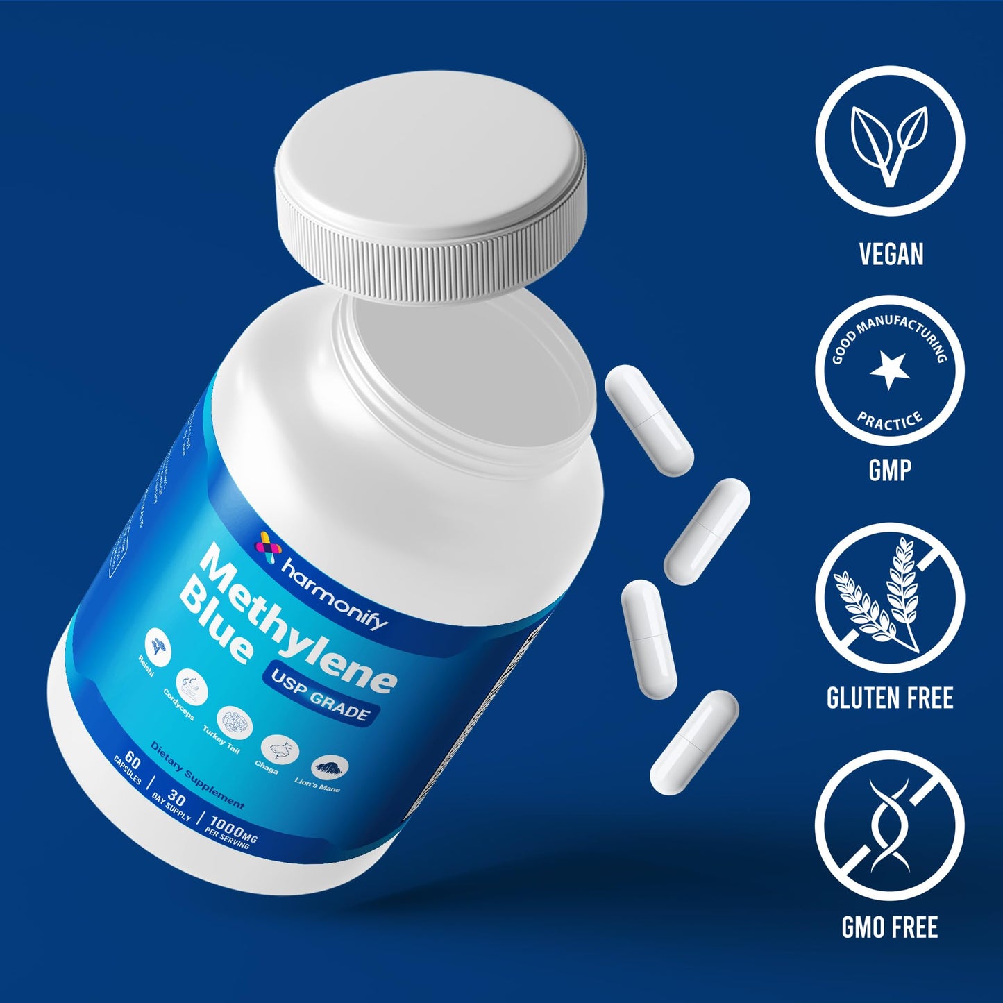 HARMONIFY Methylene Blue Capsules with Lion’s Mane, Chaga, Cordyceps, Reishi, and Turkey Tail Capsules, 1000mg – USP Grade Brain&Mitochondria Supplement – 60 Cnt | Made in USA