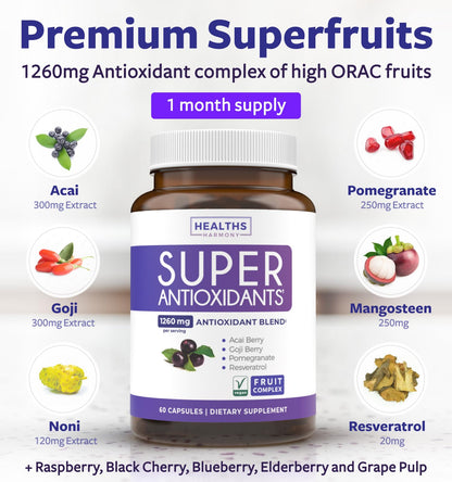 Super Antioxidants Supplement - Powerful Super Food Antioxidant Daily Blend - Acai Berry, Goji, Pomegranate & Trans Resveratrol - Herbal and Fruit Formula For Women and Men - Skin Care - 60 Capsules
